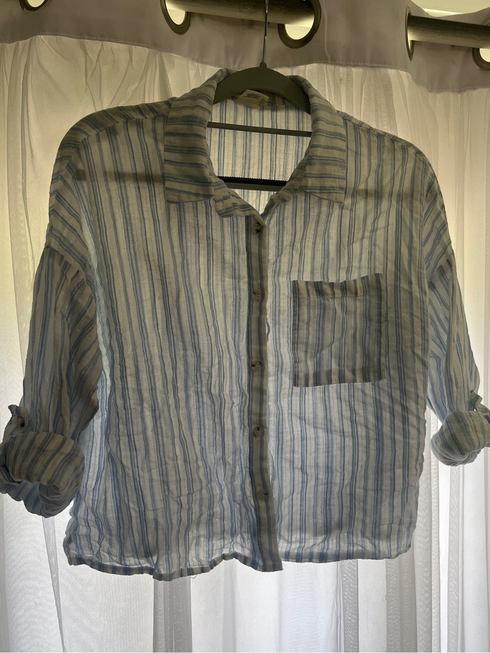 Passport Blue White Striped Button-Down Shirt summer light 100% cotton natural M